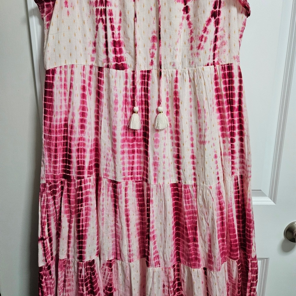 THML Anjuna Tie Dye Maxi Dress Womens Large Pink Tiered Metallic Tassel Boho - Picture 6 of 12